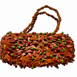 Mido Brown Wooden Beaded Shells Green Pink Plated Zippered Hand Bag